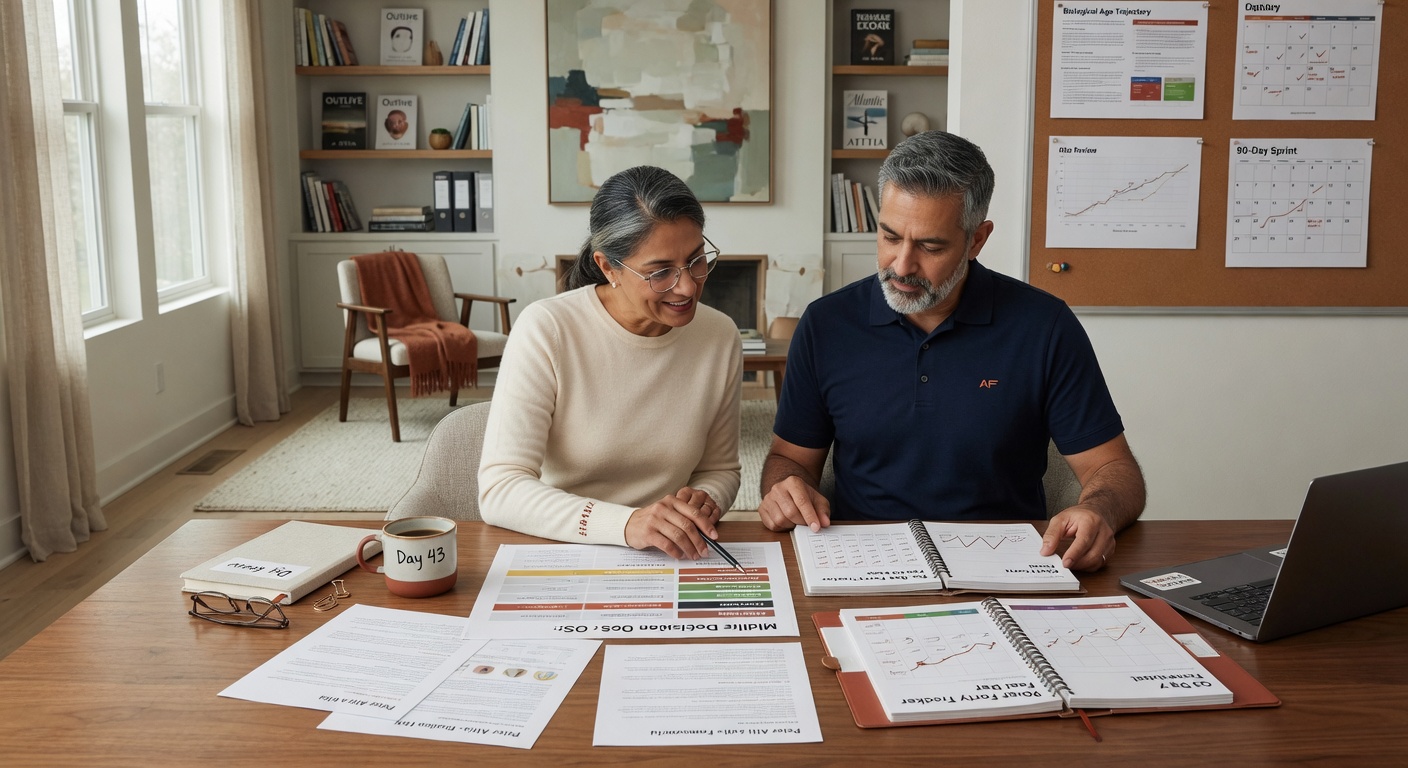 S-tier 16:9 banner: midlife couple with decision OS 90d tracker printout, calm office, research-led no hype premium
